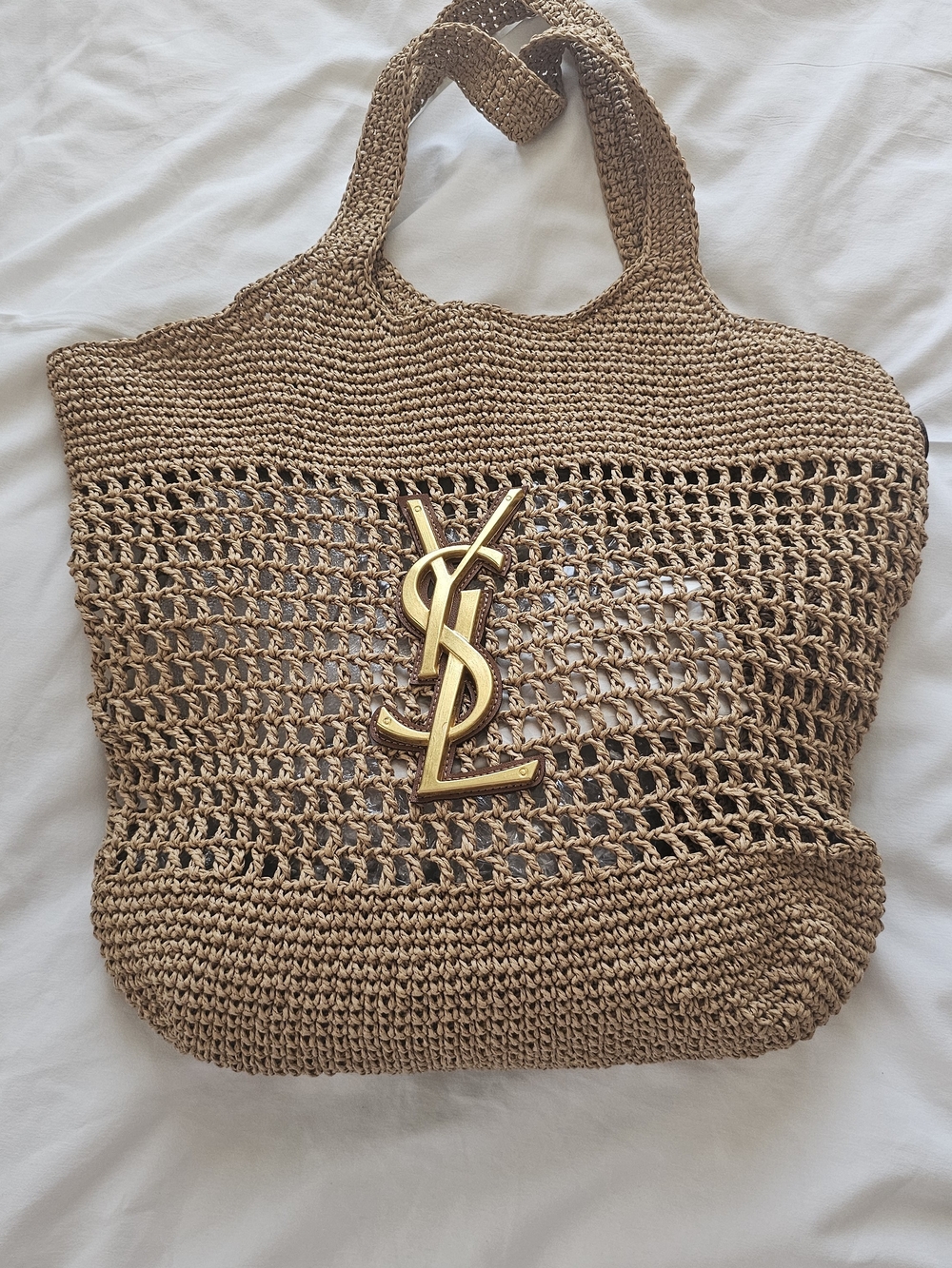 Saint Laurent Inspired Tan Crochet Tote with Gold Logo